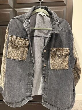 She + Sky Blackwashed Denim Jacket with Leopard Accents